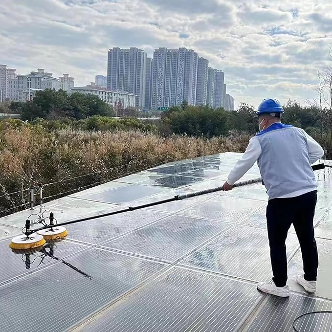 Electric Photovoltaic Panel Cleaning Machine Solar Panel Water Spray Cleaner Brush Handheld Power Photovoltiax Cleaning Rotating Brush Telescopic Pole 11.48-24.61ft Length,5.5m-LithiumBattery