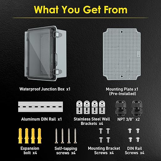 Waterproof Electrical Junction Box Outdoor, IP67 ABS Plastic Weatherproof Electrical Enclosure with Aluminum DIN Rail, Mounting Platem for WiFi Project, Clear (8.7''x6.7''x4.3)