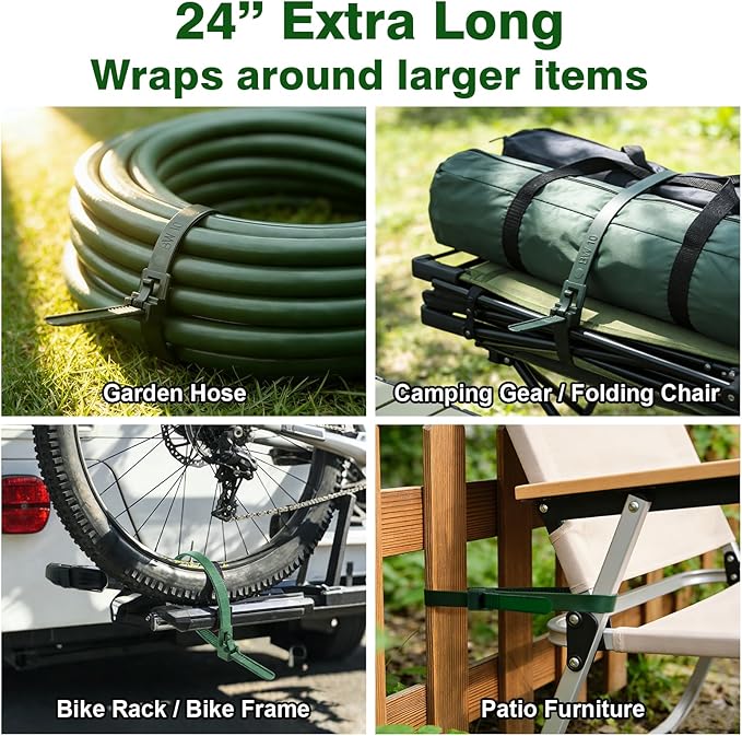 SOOOEC 100 Pack Reusable Zip Ties 24 Inch Extra Long, UV Resistant Releasable Cable Ties, Flexible & Adjustable, Outdoor/Indoor Organizer for Garden, Bike, Hoses, Cords — Dark Green