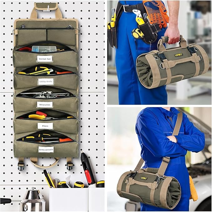 Tool Bag,Large Roll Up Tool Bag Organizer,13 Pockets Tool Roll Storage Pouch,Heavy Duty Portable Tool Storage Carrier Bag for Men,Mechanic,Electrician,Valentines Day Gifts for Men,Olive Green