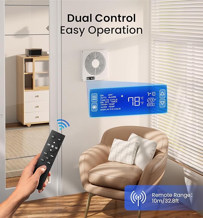 8" Room to Room Ventilation Fan with Remote, Quiet Reversible Through the Wall Air Transfer Fan, 10-Speed Smart Exhaust Vent, Temperature Control, ETL Certified for Bedroom, Kitchen, Laundry