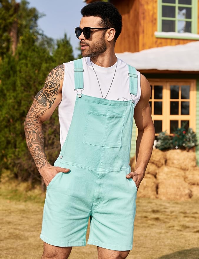 Bindefon Denim Overalls for Men Jean Shorts Jumpsuit Work Bibs Coveralls with Zipper