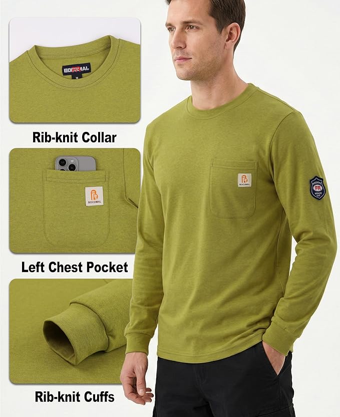 BOCOMAL FR Shirts Crewneck 7oz Midweight Flame Resistant Clothing NFPA2112 CAT2 Men's Fire Retardant Work Shirt