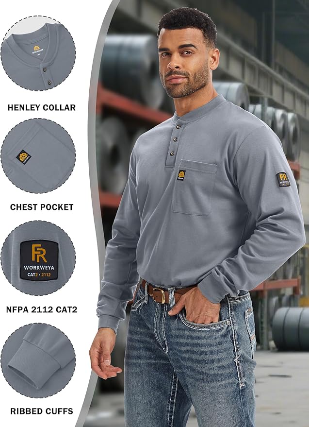 WORKWEYA 6.5oz Flame Resistant Henley Shirt 100% Cotton Lightweight FR Shirts for Men