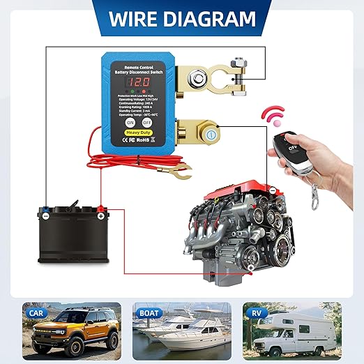 240A Kill Switch 12V Remote Battery Disconnect Switch with Led Voltage Display Automatic Power Shut Off Switch Anti Theft for Auto Car Truck Boat