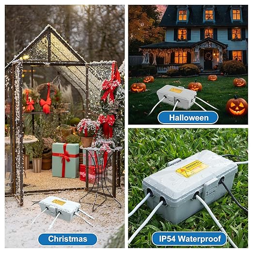 NineLeaf Outdoor Electrical Box,Weatherproof Connection Box w/6 Cable Entry,IP54 Waterproof Extension Cord Cover Protect Power Strips,Timer,Plug,Holiday Lights,10.3x5.9x3.7”,Grey