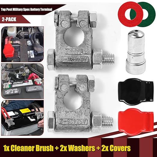 Military Spec Battery Terminal Top Post Kit Positive Negative for Car Auto Truck Rv Boat with Cover Washers Cleaner Brush Protector Fiber