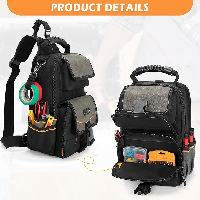 Electrician Tool Pouch Bag, Zippered HVAC Tool Organizer with Ergonomic Handle and Shoulder Strap for Maintenance Repair Technicians, Black