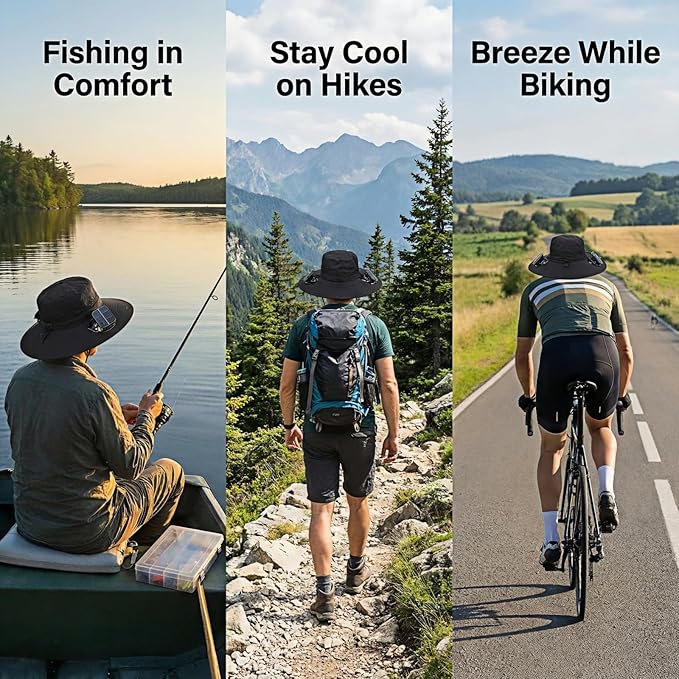Solar Fan Hat with Dual Fans – Solar Powered Wide Brim Hat with Removable Fans for Outdoor Activities | USB & Solar Charging | Ideal for Fishing, Hiking, Gardening, and Outdoor Sports Black