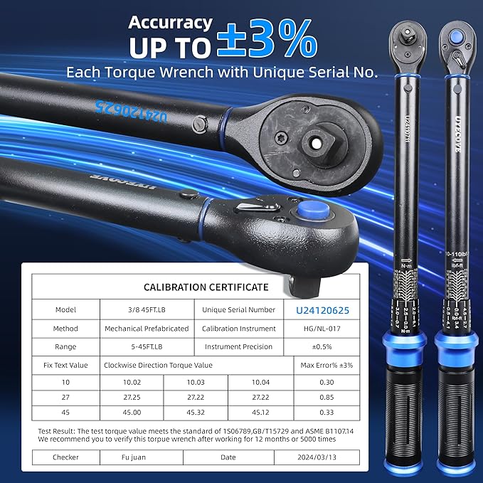 3/8-Inch Drive Click Torque Wrench, Dual-Direction Click Professional Torque Wrench 10-110FT.LB/13.6-135.6N.M, Dual Range Scales Graduated in FT.LB and N.M, Blue