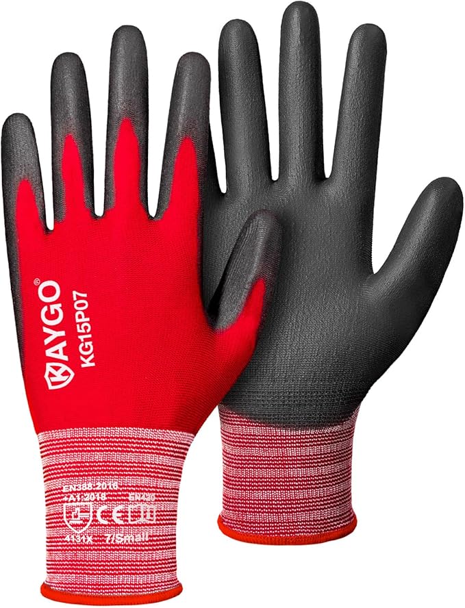 KAYGO Work Gloves PU Coated-12 Pairs, KG15P,Nylon Lite Polyurethane Safety Work Gloves, Gray Polyurethane Coated, Knit Wrist Cuff,Ideal for Light Duty Work (Small, Red)