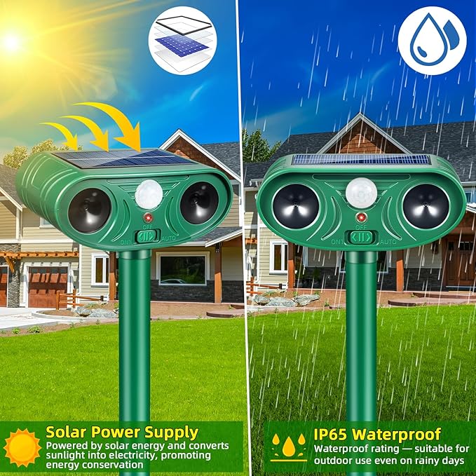 2026 Solar Animal Repellent Outdoor&Cat Repellent Outdoor with Motion Deer Repellent Devices Ultrasonic Cat Deterrent Fox Raccoon Squirrel Rabbit Coyote Deterrent for Farm Orchard Garden 2 Pack