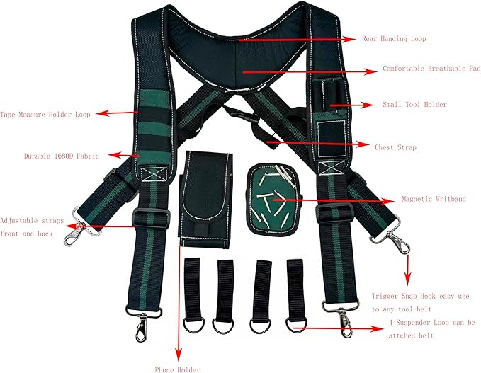 Tool Belt Suspenders for Work Belt Heavy Duty Padded with Magnetic WristBand Attachment Loops for Men