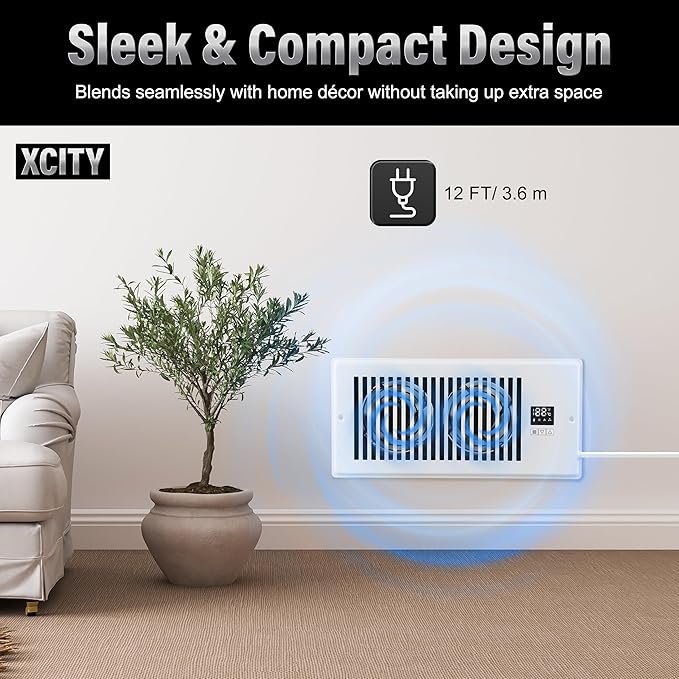 Xcity Quiet Register Booster Fan, Intelligent 4"x10" Vents, 10-speed, Air Vent Fan with Remote Control & Thermostat, Smart LED Display Ideal for HVAC, Integrated Heating & Cooling, White