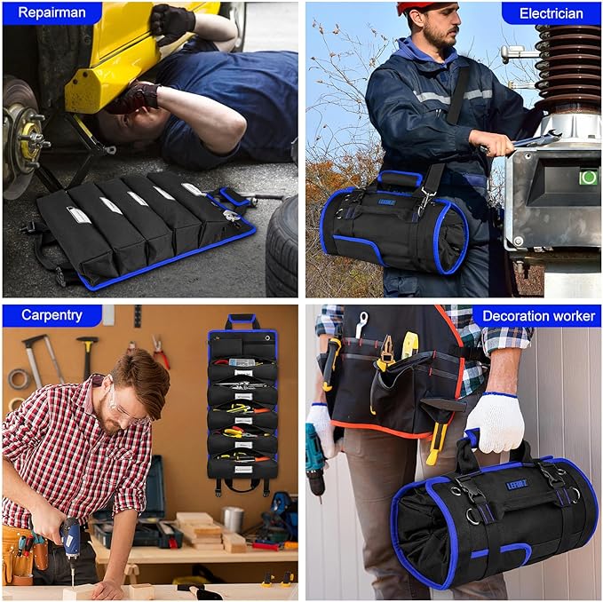 Tool Bag,Large Roll Up Tool Bag Organizer,13 Pockets Tool Roll Storage Pouch,Heavy Duty Portable Tool Storage Carrier Bag for Men,Mechanic,Electrician,Valentines Day Gifts for Men,Black/Blue
