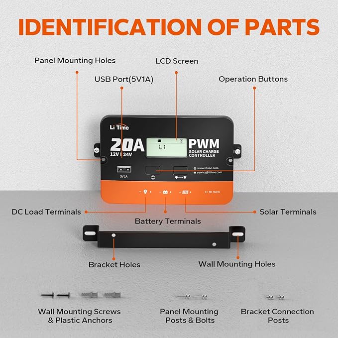 LiTime 12V/24V 20Amp PWM Solar Charge Controller (No Build-in Bluetooth) with LCD Display & USB Output for FLA, Gel, SEL and Lithium Battery