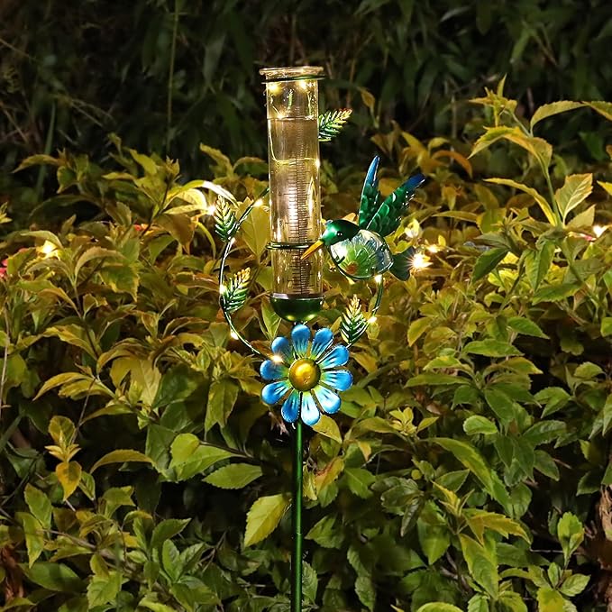 MUMTOP Rain Gauge Outdoor, Solar Powered Decorative Metal Hummingbird Flower Stake for Lawn Yard and Garden