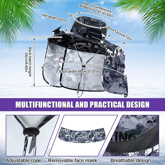 Chuarry Wide Brim Sun Hat with 2 Fan Outdoor Solar Powered USB Charging Fishing Hat with Neck Flap for Men Women
