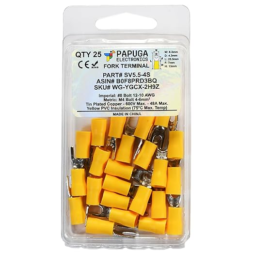 PAPUGA 25PCS 12-10 AWG (4-6 mm2) #8 / M4 Narrow Version Insulated Fork Spade Crimp Connector, 600V 48A, CE RoHS Power Lug for Inverter Solar & Marine Wiring, Battery & Power Wiring