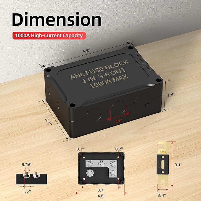 DaierTek ANL Fuse Holder M8 Stud Terminals Max 1000A Marine ANL Fuse Block 1 In 3-6 Out ANL Fuse Block with 200A 400A 600A 800A ANL FUSE for Automotive Car Truck Boat