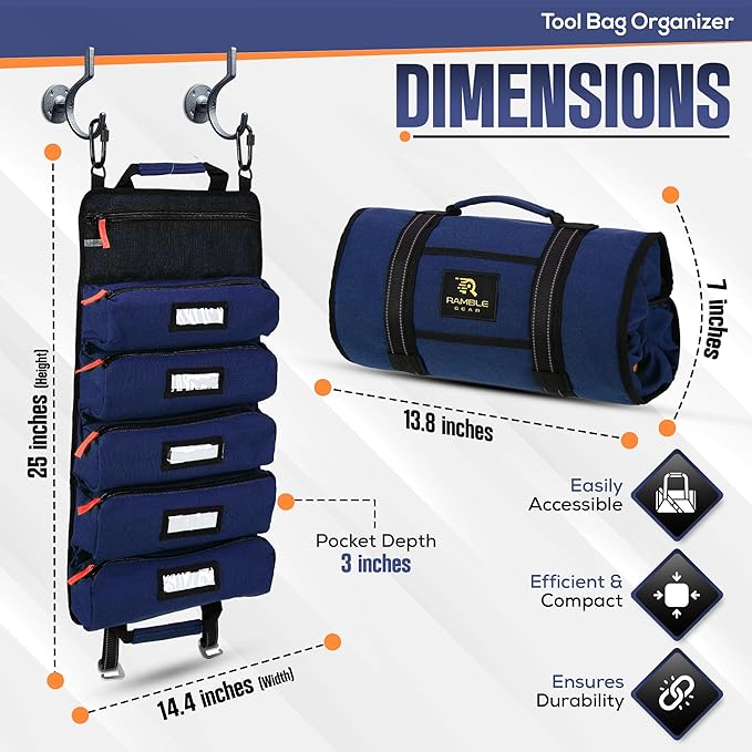 Roll Up Tool Bag Organizer – Heavy Duty Canvas Tool Roll Bag, Tool Roll Up with 5 Oversized Labeled Pockets & Carabiners, Portable Roll Up Tool Organizer for Mechanic, Truck & Car (Blue)