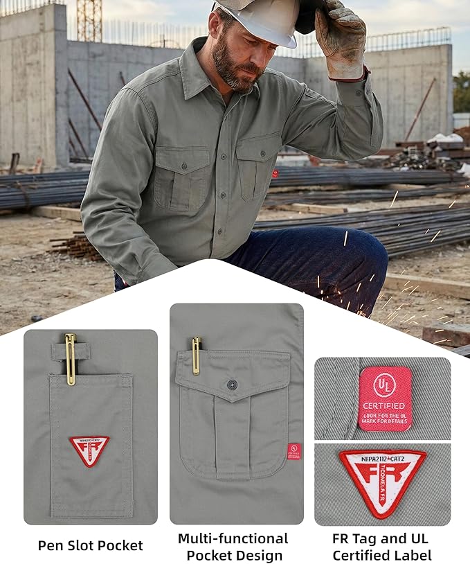 TICOMELA Men’s Mid-Weight FR Welding Shirt, 7.5oz 100% Cotton NFPA 2112 CAT2 – Flame-Resistant Button-Down Work Shirt