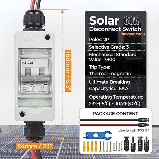 Solar Panel Disconnect Switch 1000V 60A PV Disconnect Switch Outdoor Miniature Circuit Breaker IP65 for Solar PV Homes Battery (1000V 60 Amp)