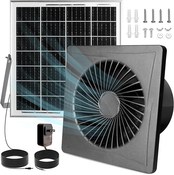 Solar Exhaust Fan – Compact for Small Spaces, Brushless Quiet 6" Ventilation Vent Fan, 25W Solar Panel with Bracket, Anti-Backflow Valve; for Chicken Coops, Pet Houses, Sheds, Greenhouses (Black)