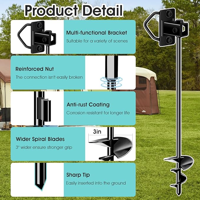 Ground Anchors Screw in, Multi-Purpose Trampoline Stakes Heavy Duty, 3" Wider Spiral Mobile Home Anchors Hurricane Earth Anchor for Trampoline, Storage Shed, Swing Sets, Carports