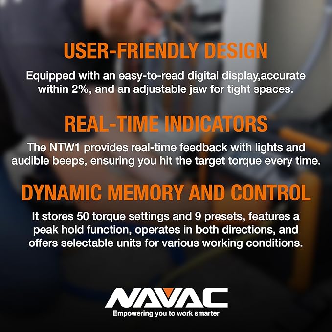 NAVAC NTW1 Digital Torque Wrench - Adjustable Jaw - Digital Readout - Torque Settings Memory - Dual Direction - Selectable Measuring Units - Indicator Lights and Sound - 1 Year Warranty