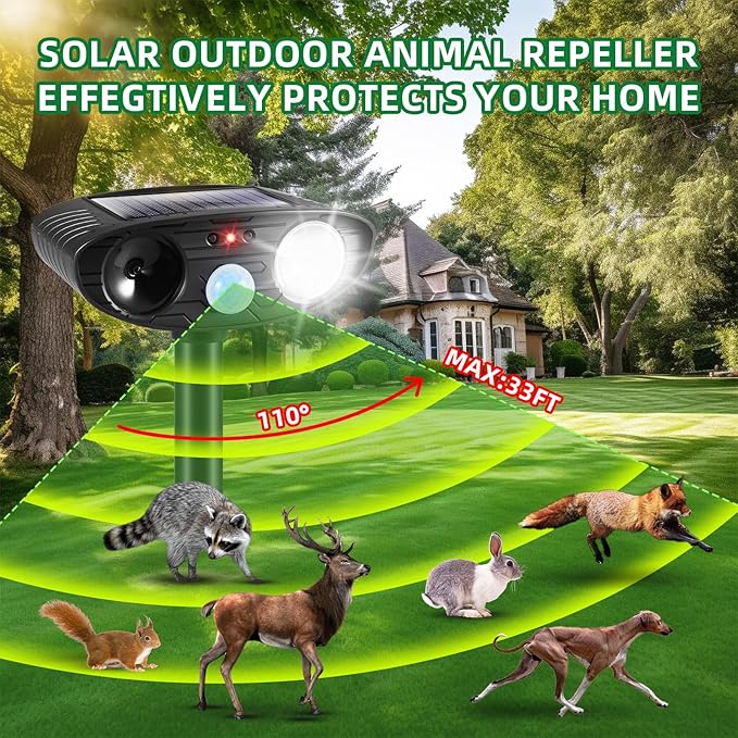 2026 Cat Deterrent Outdoor Solar Ultrasonic Animal Repellent,IP65 WaterproofDeer Repellent Devices with Motion Detection&Flash Light Rabbit Repellent for Vegetable Garden,Backyard,Lawn 4Pack