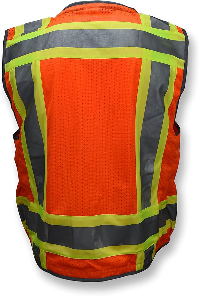 Radians SV55 Class 2 Heavy Woven Two Tone Engineer Vest with Padded Neck to Support Extra Weight in Cargo Pockets, Orange, Large