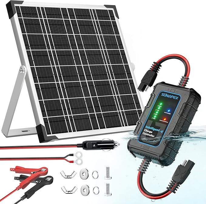 SUNAPEX 12V Solar Battery Charger: 20W Waterproof Solar Panel Kit - Aluminum Trickle Charger for Car Battery with Controller - Battery Tender Motorcycle Boat Marine RV Trailer Tractor Truck