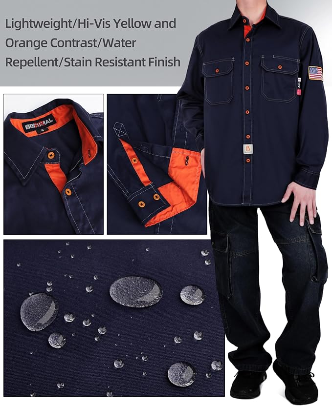 BOCOMAL FR Shirts for Men Flame Resistant Light Weight NFPA2112 Fire Retardant Welding Shirt Water & Oil Repellent Finish