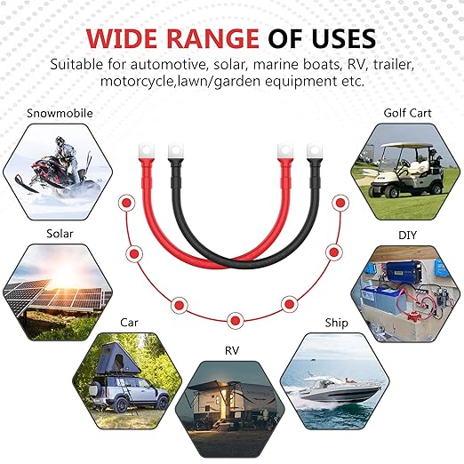 VOLTWORKS 4 AWG Gauge Red + Black Pure Copper Battery Inverter Cables Solar, RV, Car, Boat 1ft 3/8 in Lugs