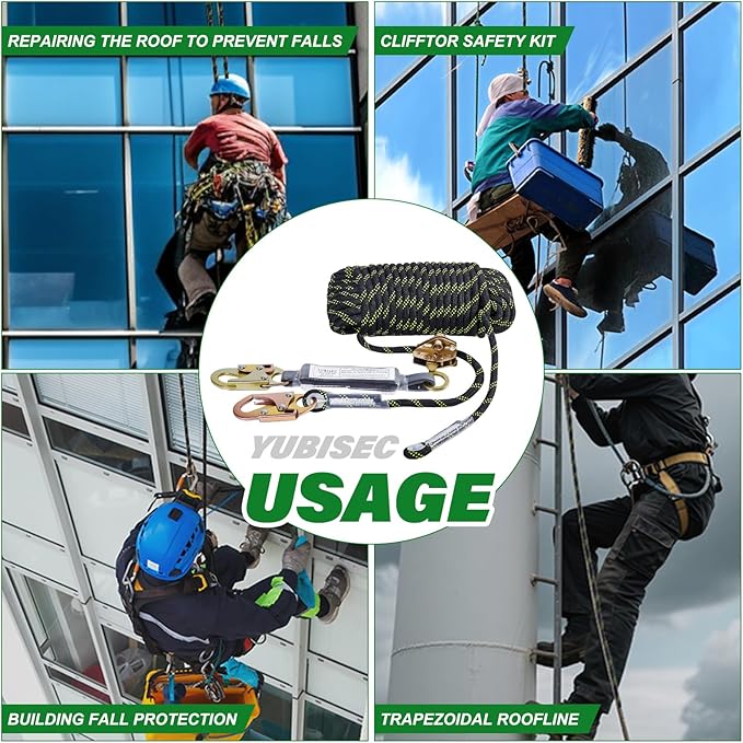 Vertical Lifeline Assembly 25FT, Polyester Rope Harness Safety with Two Grab Snap Hooks Shock Absorber, Fall Protection Safety Rope for Roofing Work, ANSI Compliant