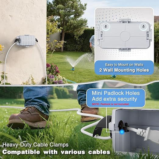 FLEMOON IP55 Outdoor Electrical Box Waterproof with Detachable Awning Covers, 8.3 x 4.1 x 3.7 inch Weatherproof Extension Cord Cover, Easy Installation for Plug, Outlet, String Lights, Light Gray