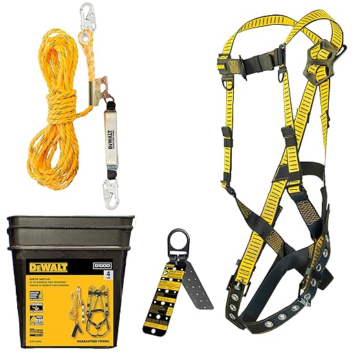 DEWALT Rooftop safety kit with D1000 harness with Pass-Thru Chest and Tongue Buckle Legs, 50' vertical lifeline w/rope adjustor and reusable rooftop anchor