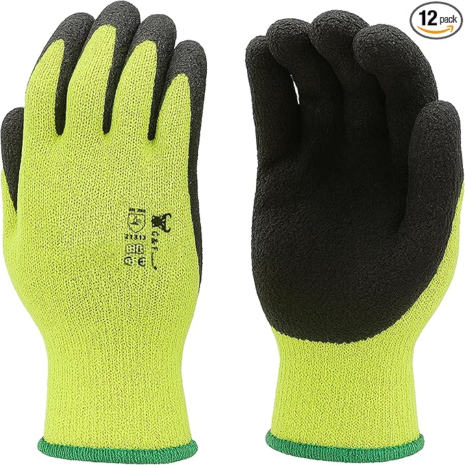 G & F 1516 12 Pairs Pack Premium High Visibility Work and gardening Gloves for Men and Women. MicroFoam Textured Coated Palm and Fingers Gloves for Gardening Work, Size Small, Green