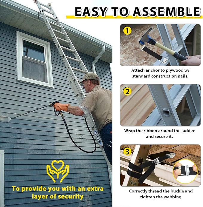 Ladder Safety Strap Tie Down – Heavy Duty Ladder Strap Leash with Anchor Plate and Stainless Steel Clip, Anti-Slip Pole Strap for Roof Work, Gutter Cleaning, Solar Install, Ceiling Rack Mount