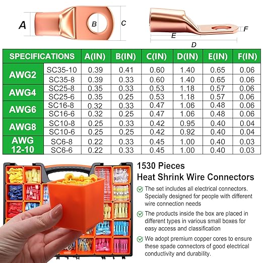 Twidec/1530PCS Ultimate Heat Shrink Wire Connectors Kit,Waterproof Electrical Spade Connector Kit,Copper Cable Wire Lug Insulated Crimp Spade Fork Ring Terminal T-Tap Butt Splice Male Female Connector