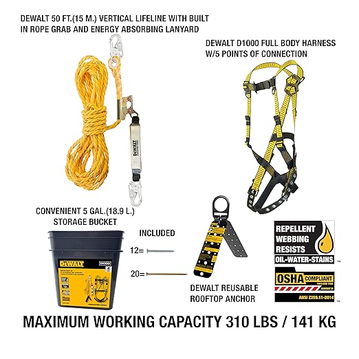 DEWALT Rooftop safety kit with D1000 harness with Pass-Thru Chest and Tongue Buckle Legs, 50' vertical lifeline w/rope adjustor and reusable rooftop anchor