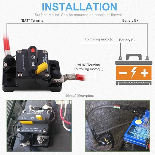 E9 30 Amp Circuit Breaker with Recessed Switch Design | Waterpoof IP67 Protection DC 12V-72V 30A Manual Reset Surface Mount