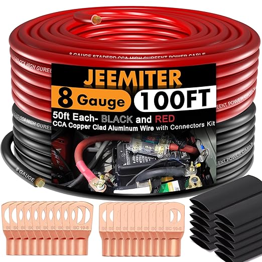 Jeemiter 8 AWG CCA Wire Kit - 100ft Total (50ft Red & 50ft Black) | Complete Power & Ground Cable for Car Audio, RV, Solar | Includes Lugs & Heat Shrink Tube