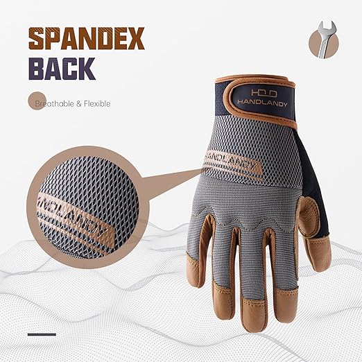 HANDLANDY Leather Work Gloves Mens & Women, Utility Safety Mechanic Working Gloves Touch Screen, Flexible Breathable Yard Work Gloves (XL, Brown-Cowhide Palm)