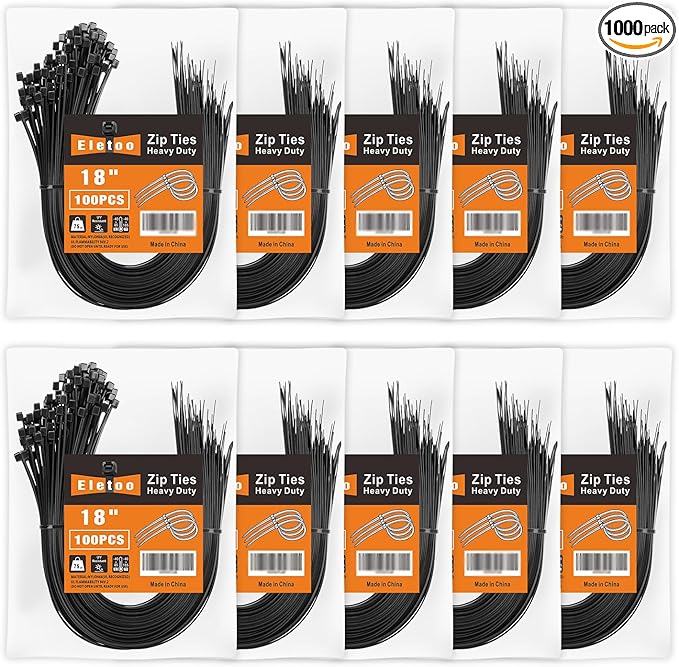 Eletoo18 Inch Black Zip Ties Heavy Duty 1000 Pack, 75LBS Tensile Strength, Self-Locking Heavy Duty UV Resistant Cable Ties for Indoor and Outdoor Use
