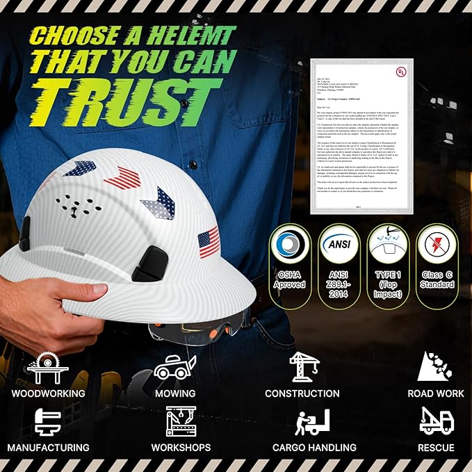 Carbon Fiber Pattern Full Brim Hard Hat with Visor-OSHA Approved Construction Safety Helmet for Men Women,ANSI Z89.1 Vented Reflective Hardhat with Hard Hat Chin Strap,6-Point Suspension