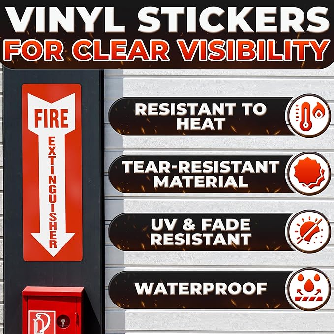 12 Pack Fire Extinguisher Stickers – 4x11.8 Inch Vinyl Signs | Waterproof & Fade-Resistant Safety Decals for Indoors & Outdoors | Easy to Apply on Walls & Doors, for Cabinets, Offices & Commercial Use