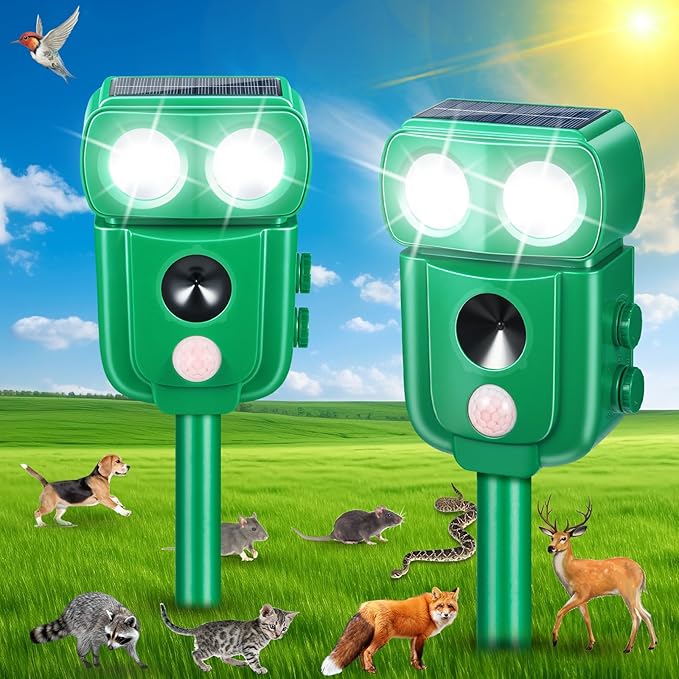 2026 Upgraded Solar Ultrasonic Animal Repellent Outdoor, Raccoon Fortress Pro with Motion Sensor & LED Flashing Light, Waterproof Cat Repellent Outdoor, Deer Deterrent for Yard Garden Orchard 2 Pack