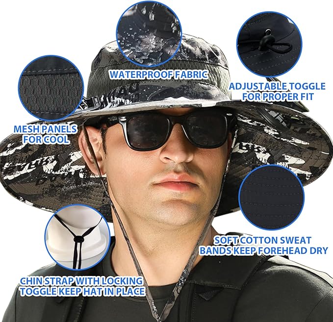 Solar Fan Hat, Wide Brim Sun Hat with 2 Solar Fan, Removable Neck Cap and Face Mask, Hat with Solar Fans Built in, Fishing Hat with Fan for Men, Waterproof Outdoor Hiking Camping Fishing Hat Grey